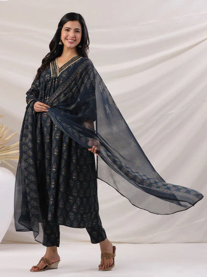 Teal Viscose Blend Ethnic Motifs Gathered Kurta Set