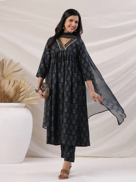 Teal Viscose Blend Ethnic Motifs Gathered Kurta Set