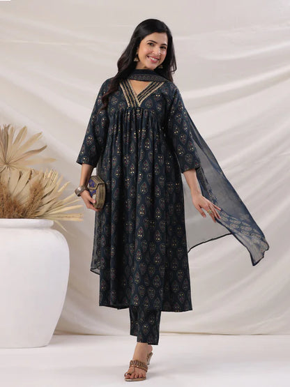 Teal Viscose Blend Ethnic Motifs Gathered Kurta Set