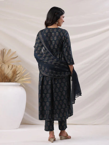 Teal Viscose Blend Ethnic Motifs Gathered Kurta Set