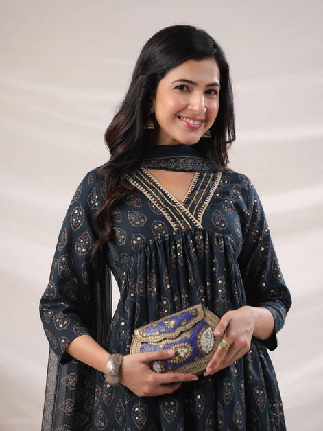 Teal Viscose Blend Ethnic Motifs Gathered Kurta Set