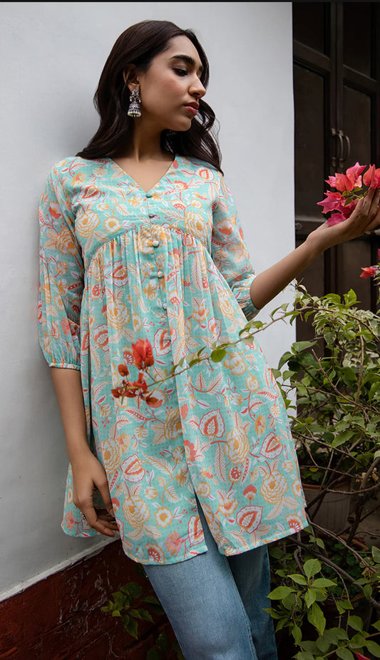 Sea Blue Georgette Floral Gathered Tunic