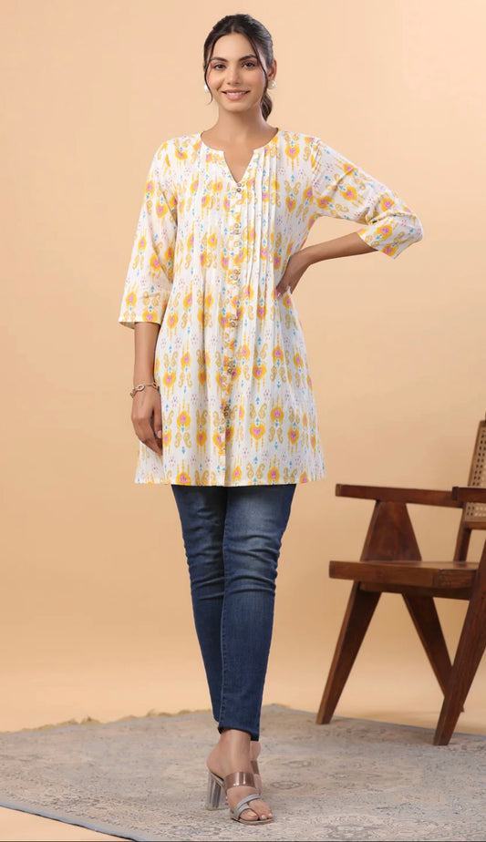 White Cotton Ikkat Pleated Tunic