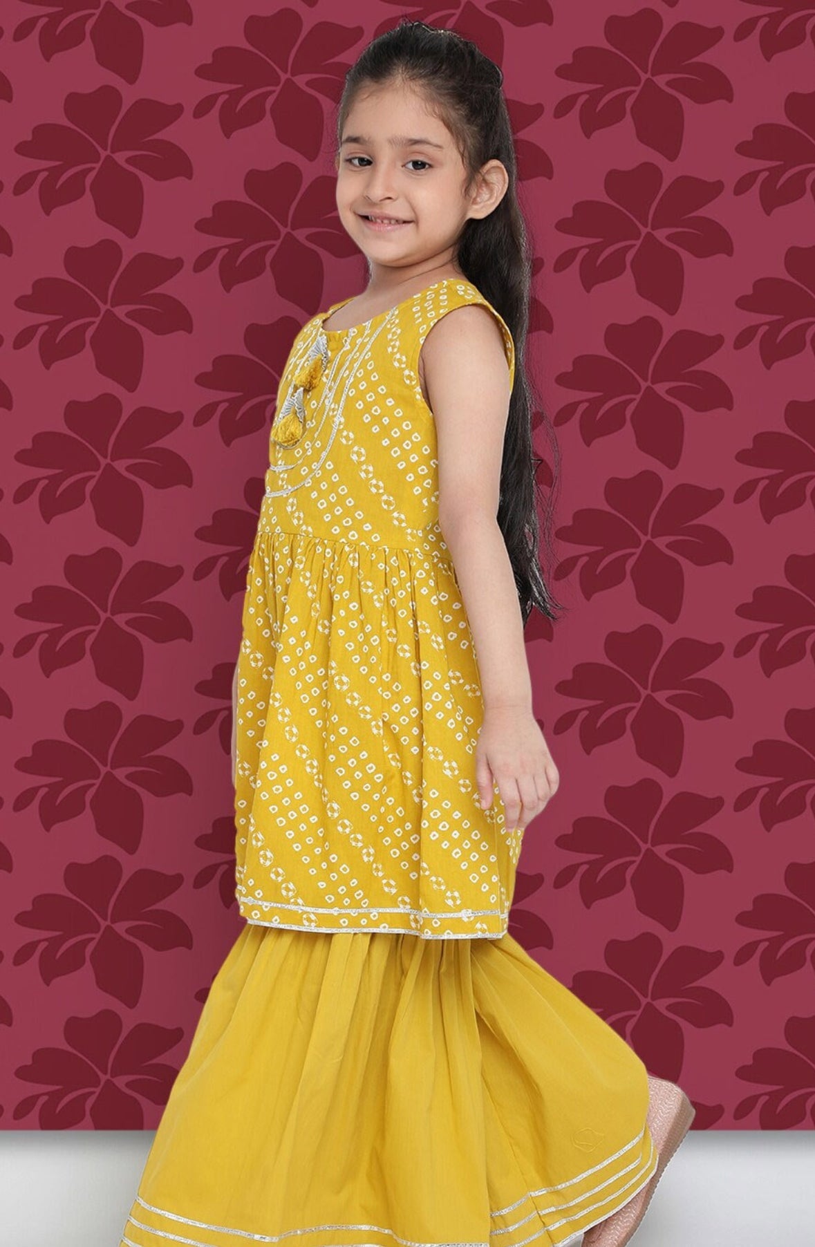 Girls Yellow Bandhani Printed A-Line Kurta with Sharara Indo-Silae