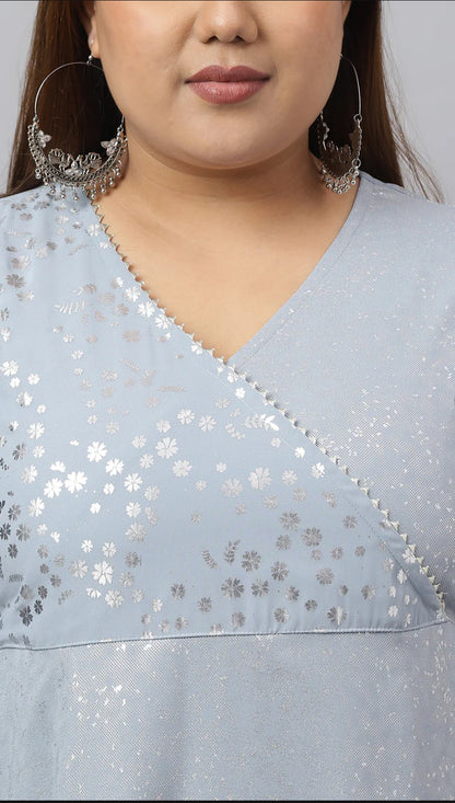 Grey Georgette Foil Printed Kurta with Dupatta