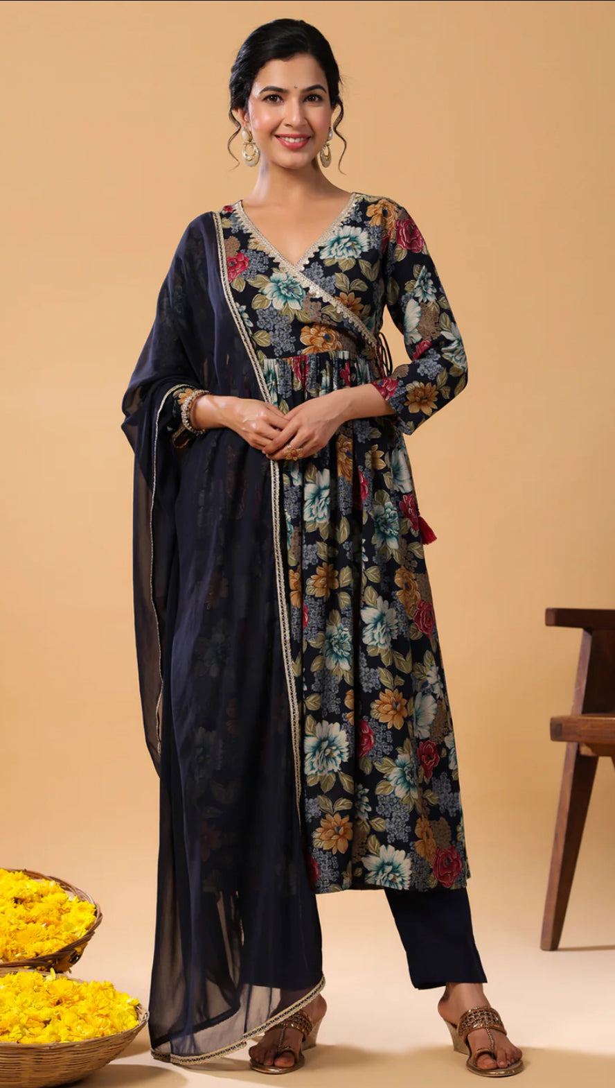 Navy Blue Chanderi Blend Angrakha Kurta Set