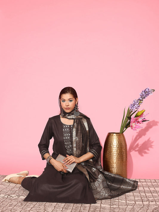 Indo Era Brown Ethnic Motifs Embroidered Regular Kurta with Palazzos & With Dupatta