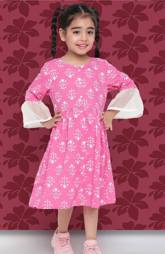 Girls Pink Floral Printed Bell Sleeve Cotton A-Line Dress Indo-Silae