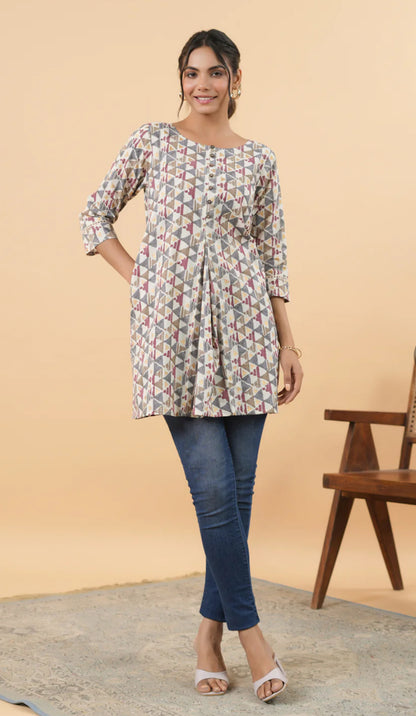 Off White Cotton Geometric Regular Tunic