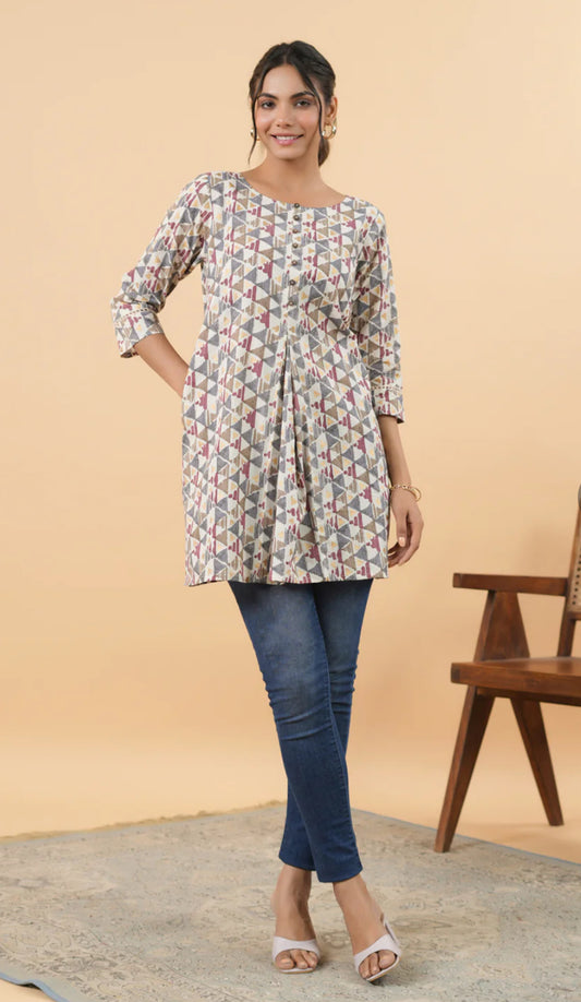 Off White Cotton Geometric Regular Tunic
