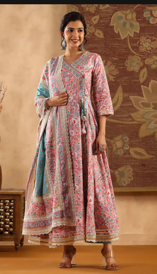 Peach Cotton Embellished Kurta with Pant and Dupatta