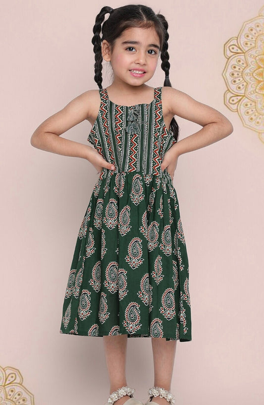 Girls Green Ethnic Motifs Printed Cotton Fit & Flare Midi Dress Indo-Silae