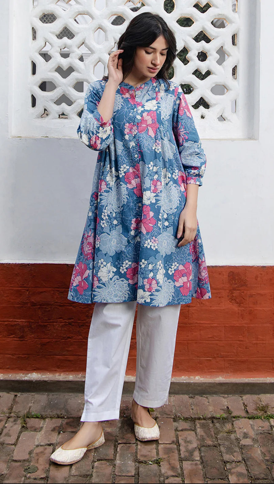 Blue Cotton Floral A-Line Tunic