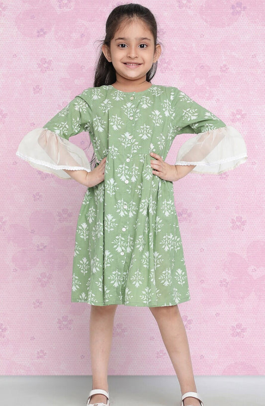 Girls Green Floral Printed Bell Sleeve Cotton A-Line Dress Indo-Silae