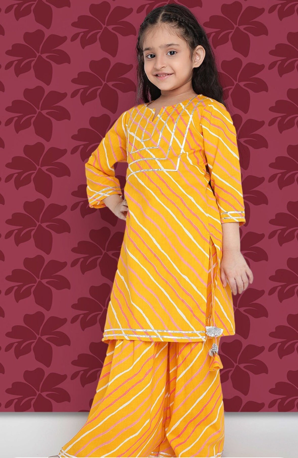Girls Mustard Yellow Leheriya Printed Regular Gotta Patti Kurta With Sharara Indo-Silae