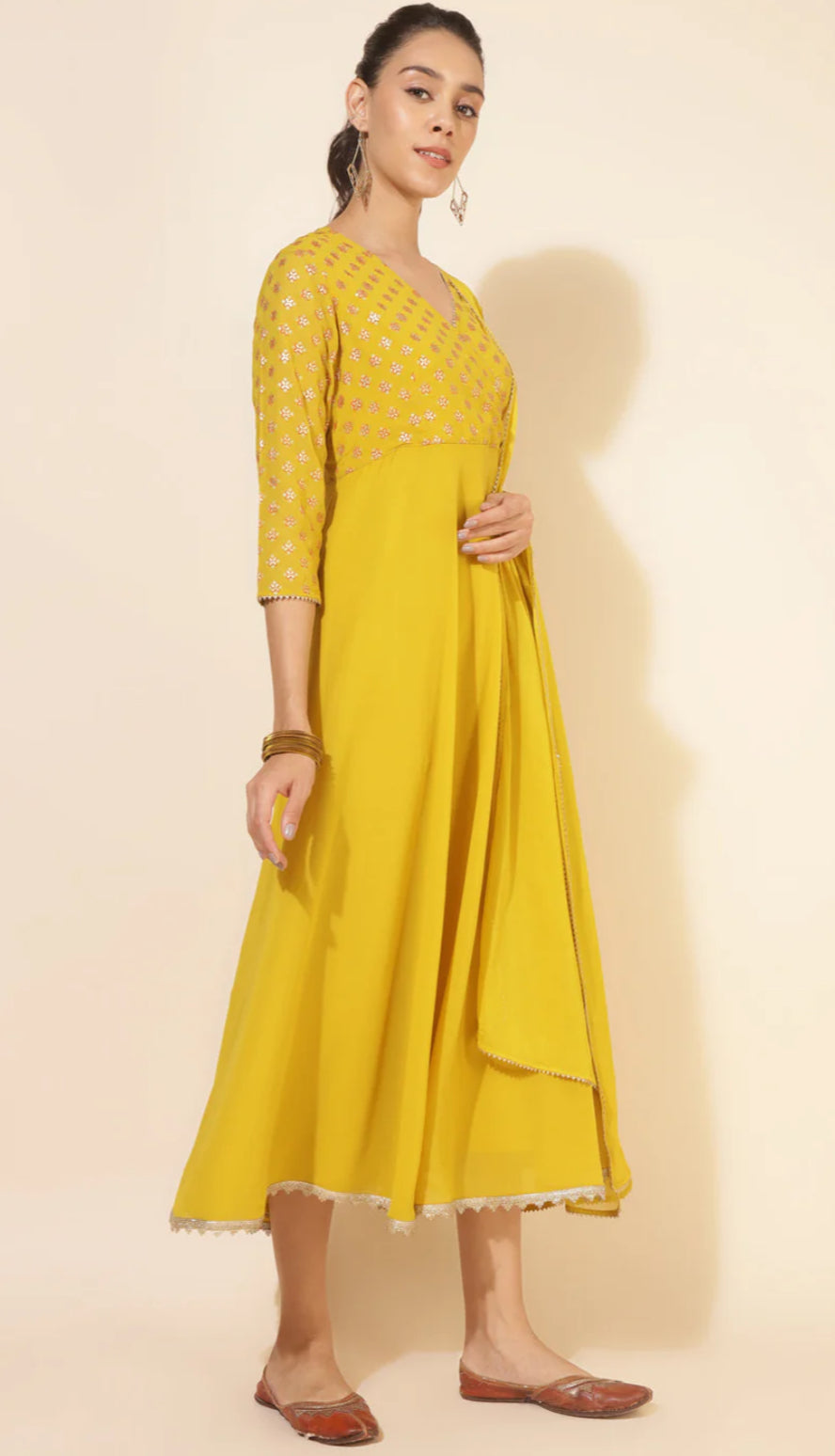 Yellow Georgette Foil Printed Kurta and Dupatta