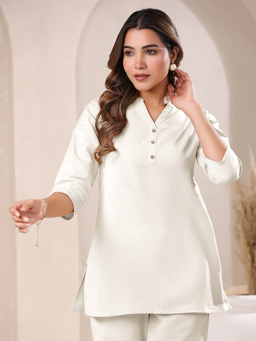 Off White Cotton Solid A-line & Co-ord Set