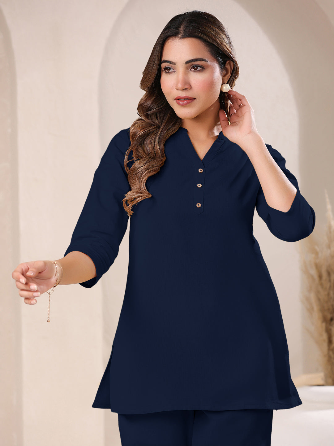 Navy Blue Cotton Solid A-line & Co-ord Set
