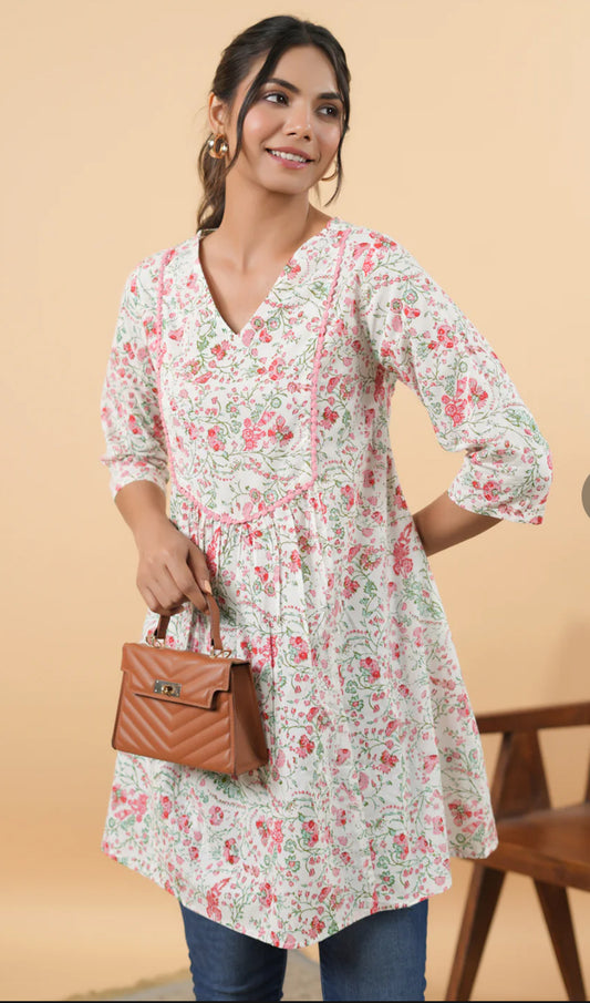 White Cotton Floral A-Line Tunic