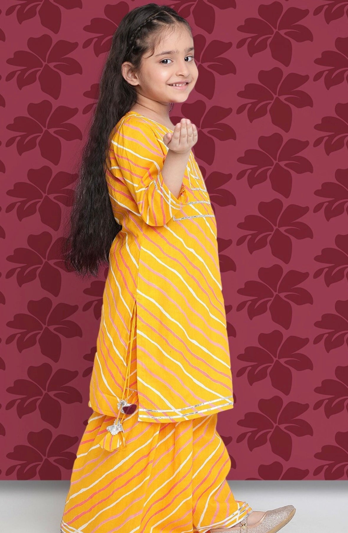 Girls Mustard Yellow Leheriya Printed Regular Gotta Patti Kurta With Sharara Indo-Silae