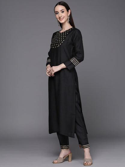 Indo Era Black Embroidered Straight Kurta With Trouser Set