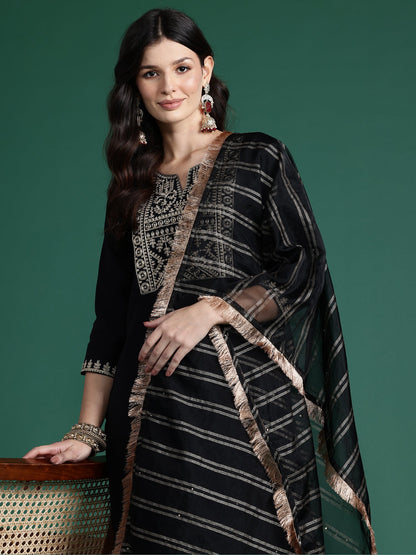 Indo Era Black Embroidered Straight Kurta Trousers With Dupatta set