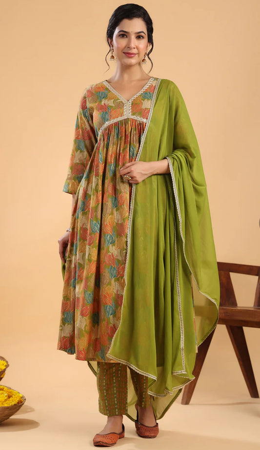 Multicolor Chanderi Blend Floral Gathered Kurta Set