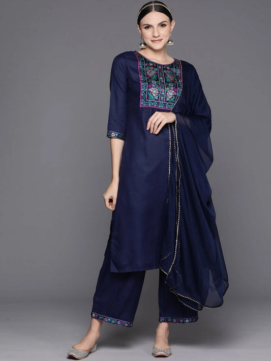 Navy Blue Yoke Design Straight Kurta Palazzos With Dupatta Set Indo-Silae