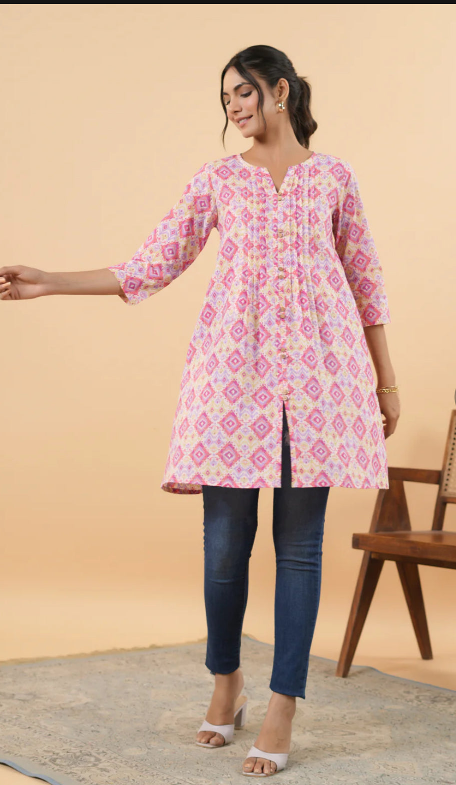 Pink Cotton Ikkat Pleated Tunic