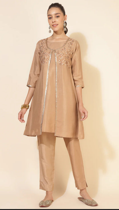 Beige Crepe Embrodiery Jacket Style Kurta with Pant and Jacket