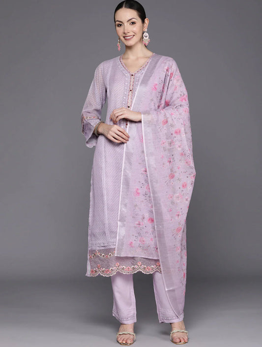 Lavender Floral Embroidered Regular Thread Work Linen Kurta with Trousers & Dupatta Indo-Silae