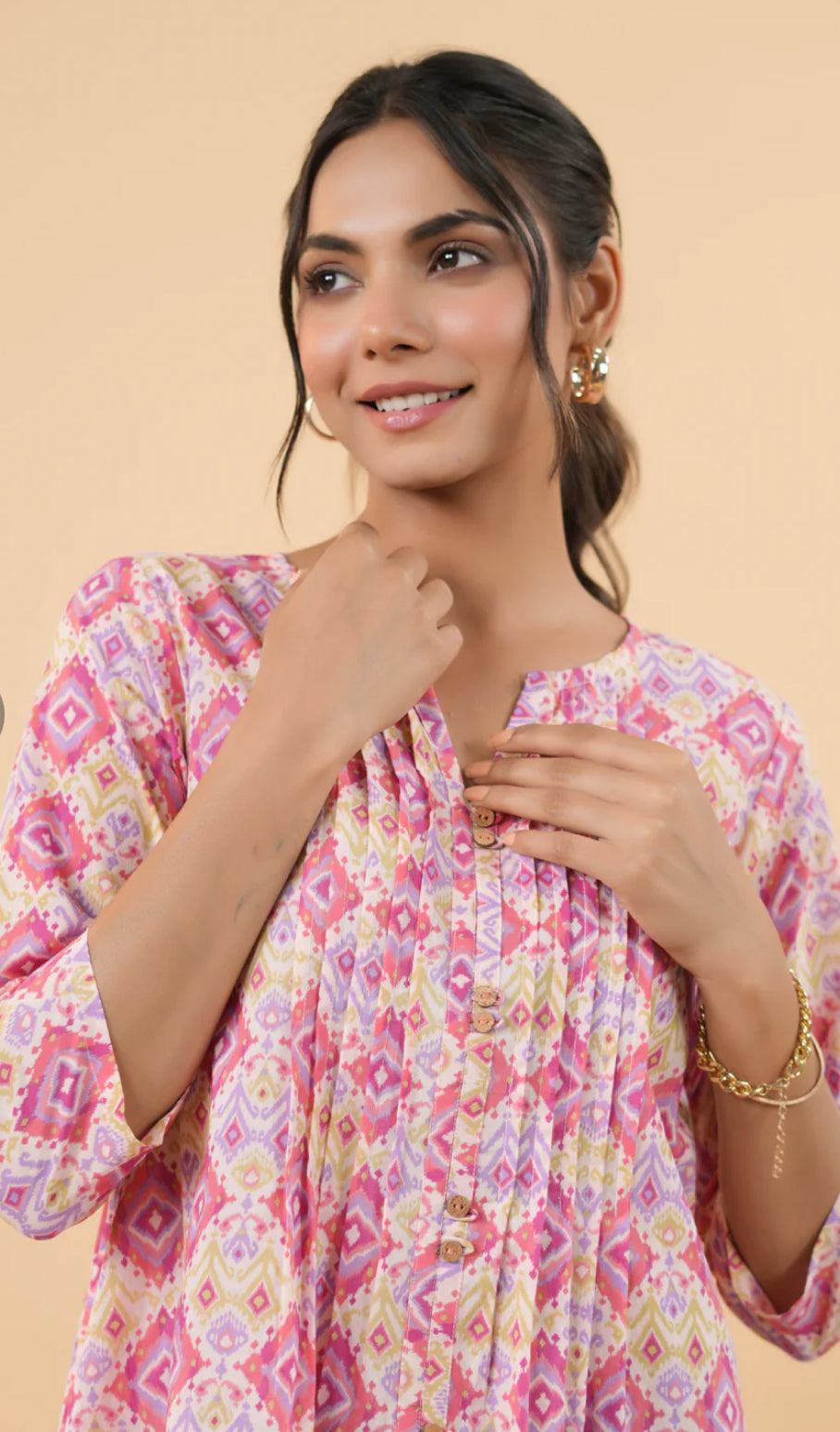 Pink Cotton Ikkat Pleated Tunic