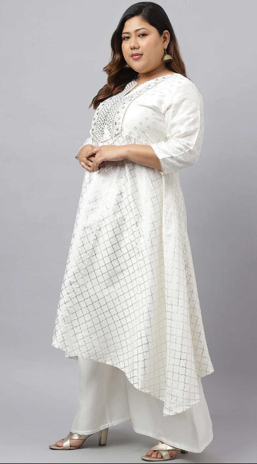Women's Plus Size Off- White Poly Silk Kurta With Palazzo and Dupatta