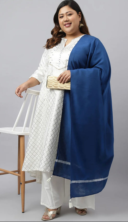 Women's Plus Size Off- White Poly Silk Kurta With Palazzo and Dupatta