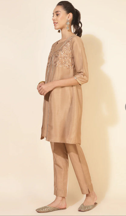 Beige Crepe Embrodiery Jacket Style Kurta with Pant and Jacket