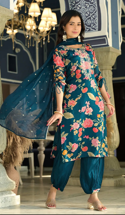 Teal Blue Viscose Chinnon Embellished Kurta with Balloon Pant and Dupatta