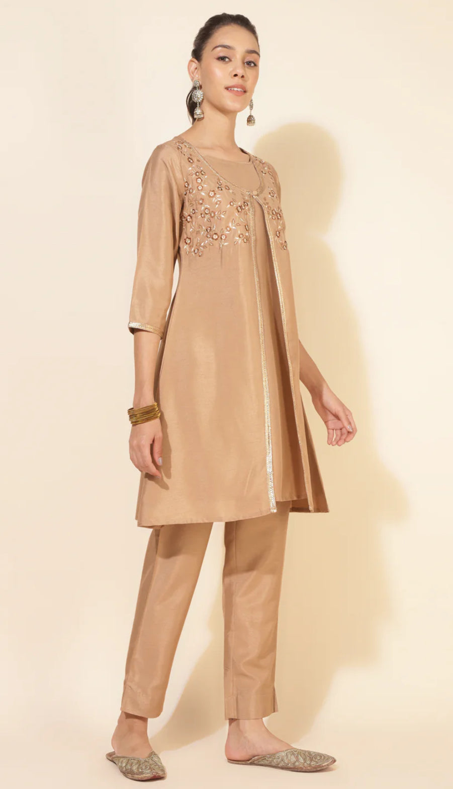 Beige Crepe Embrodiery Jacket Style Kurta with Pant and Jacket