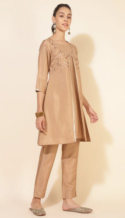 Beige Crepe Embrodiery Jacket Style Kurta with Pant and Jacket