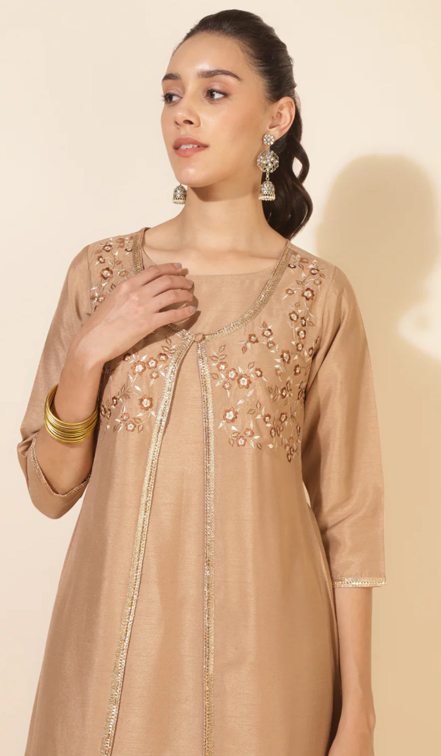 Beige Crepe Embrodiery Jacket Style Kurta with Pant and Jacket