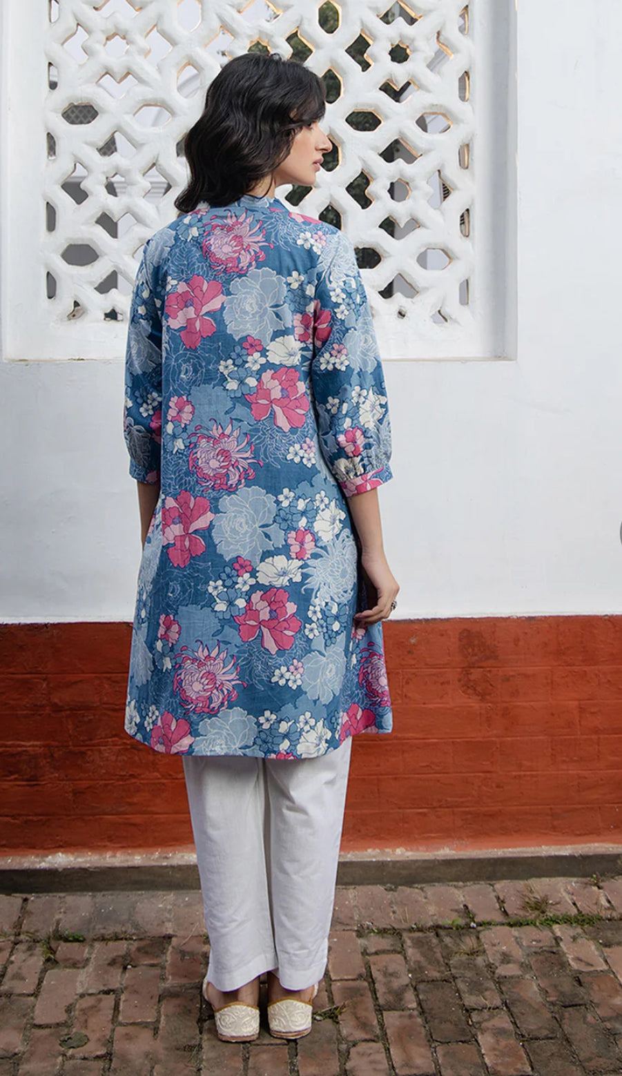 Blue Cotton Floral A-Line Tunic