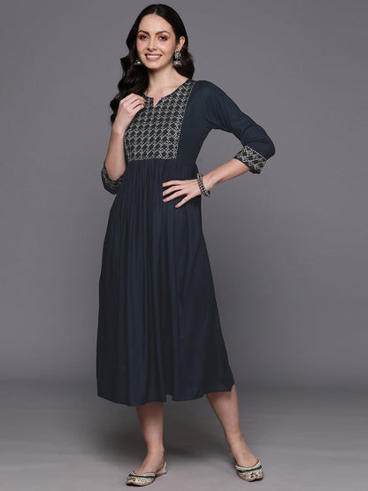Indo Era Blue Embroidered A-Line Ethnic Dress