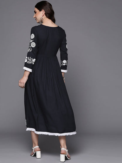 Indo Era Blue Embroidered A-Line Ethnic Dress