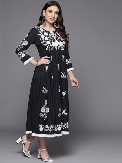 Indo Era Blue Embroidered A-Line Ethnic Dress