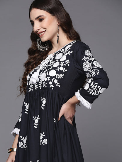 Indo Era Blue Embroidered A-Line Ethnic Dress