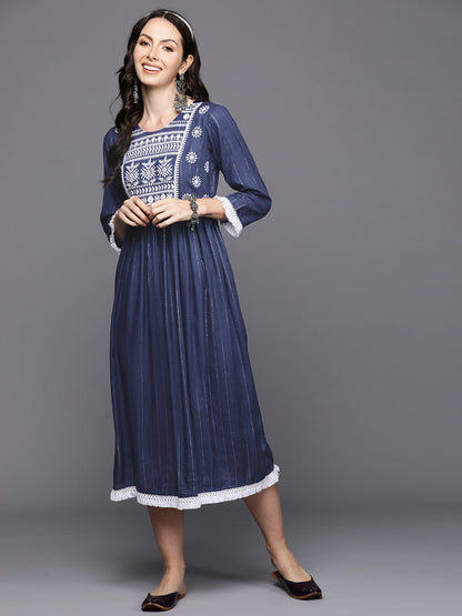 Indo Era Blue Embroidered A-Line Ethnic Dress