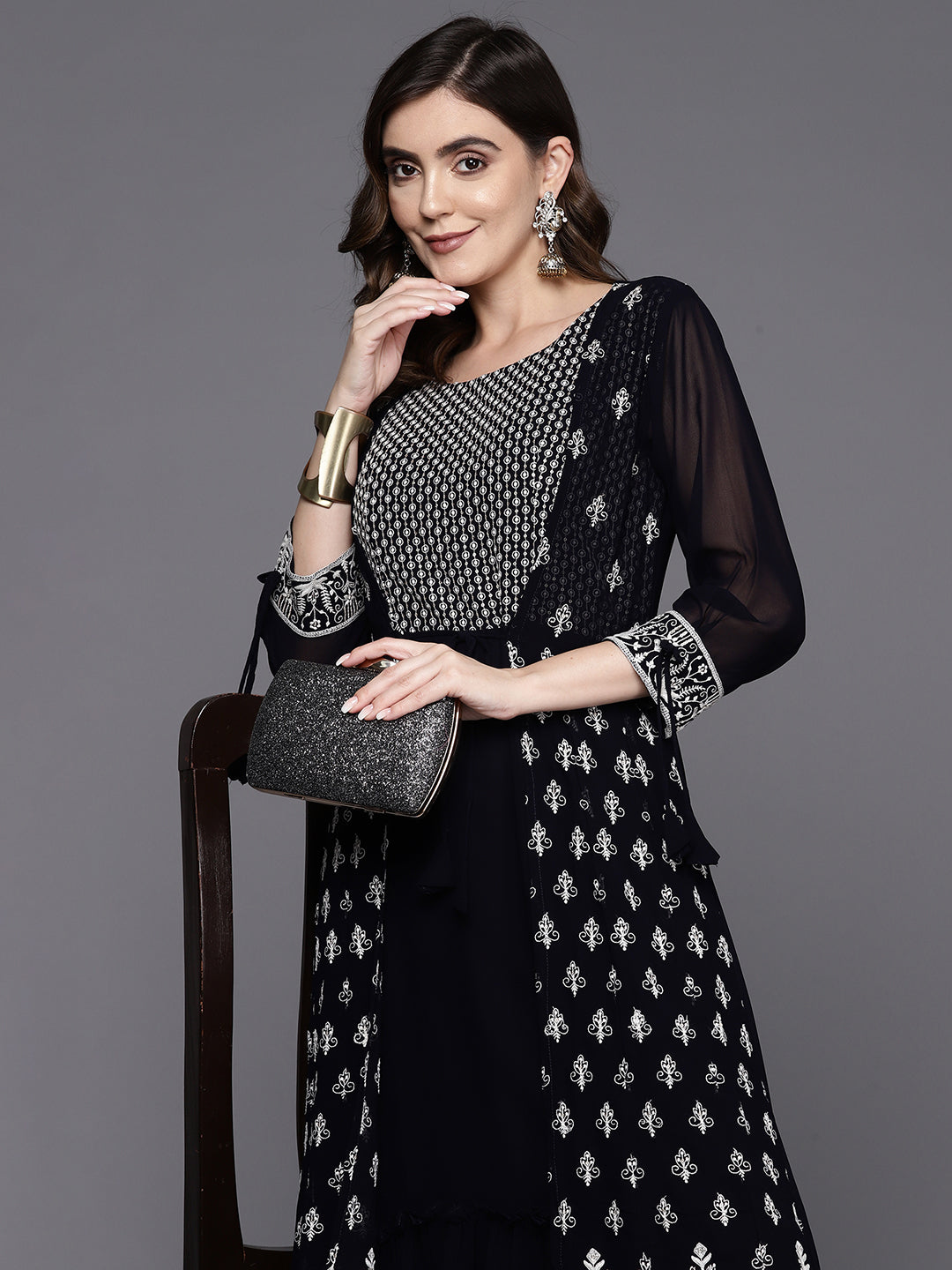 Indo Era Blue Embroidered A-Line Ethnic Dress