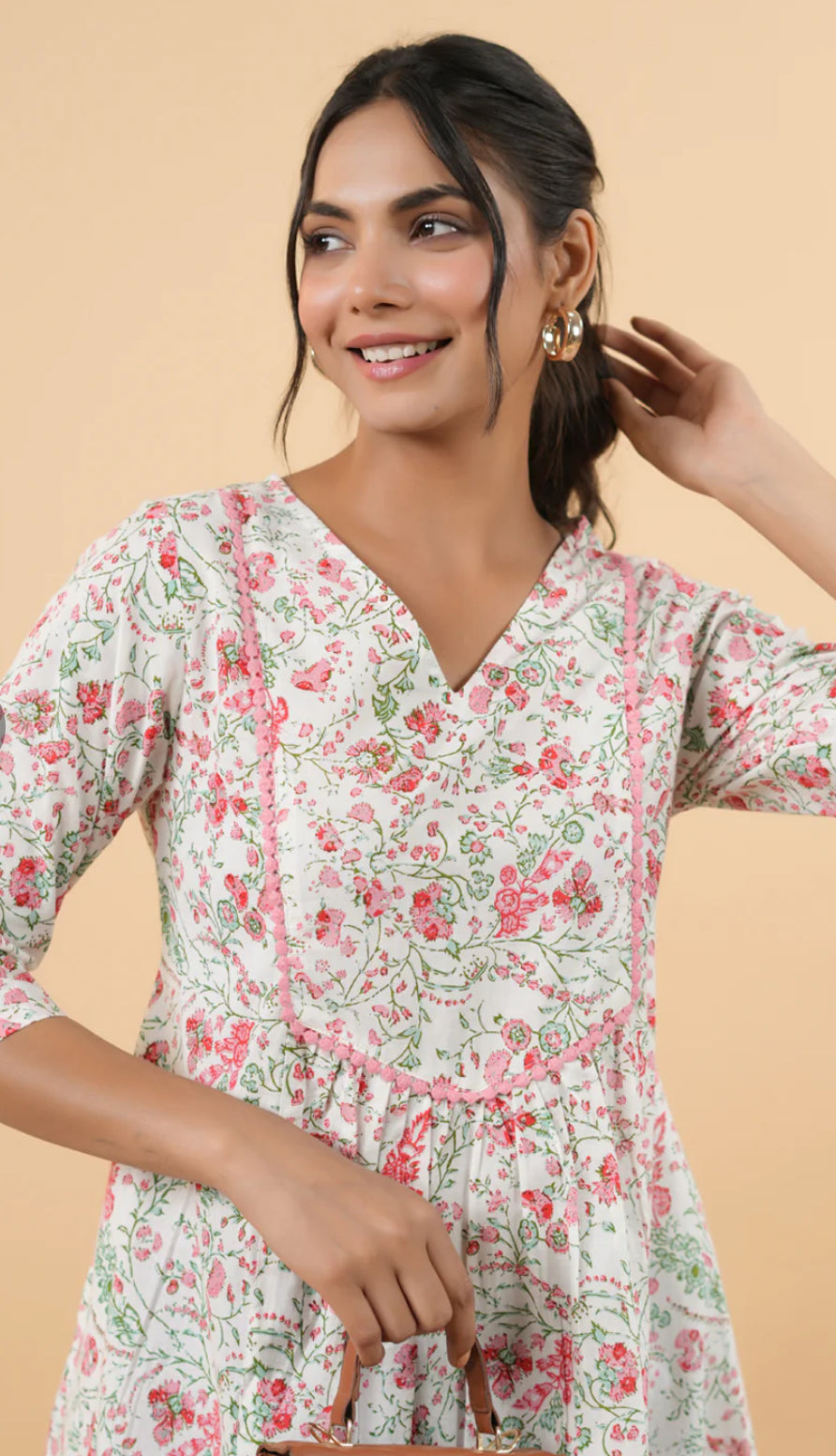 White Cotton Floral A-Line Tunic