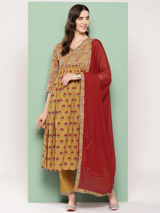 Mustard Printed A-Line Kurta Trousers With Dupatta Set
