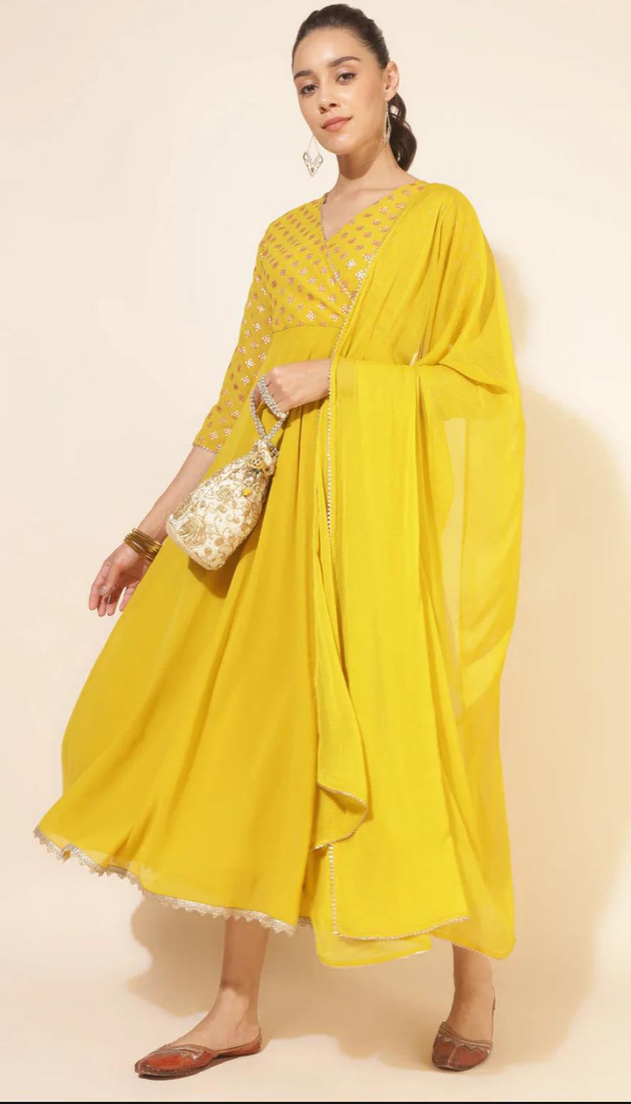 Yellow Georgette Foil Printed Kurta and Dupatta