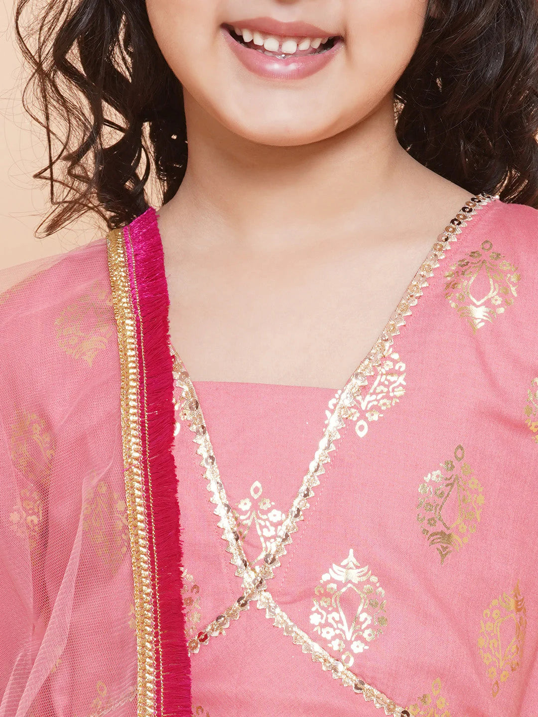 Girls Peach Foil Printed Lace Work Lehenga,Choli With Dupatta.